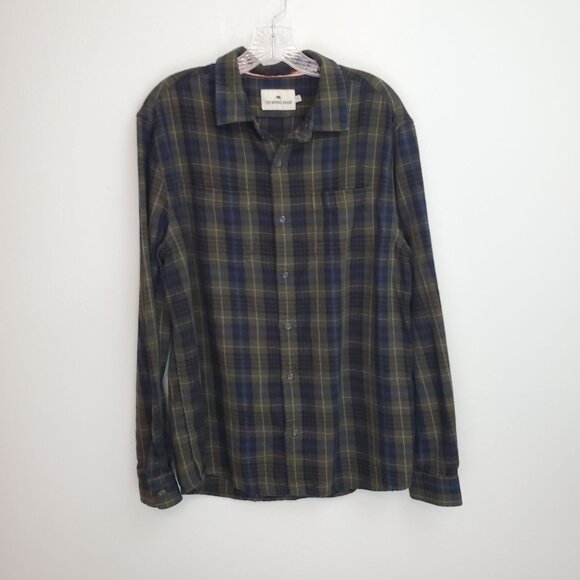 The Normal Brand navy and olive green plaid men's cotton flannel button up shirt - Picture 1 of 9